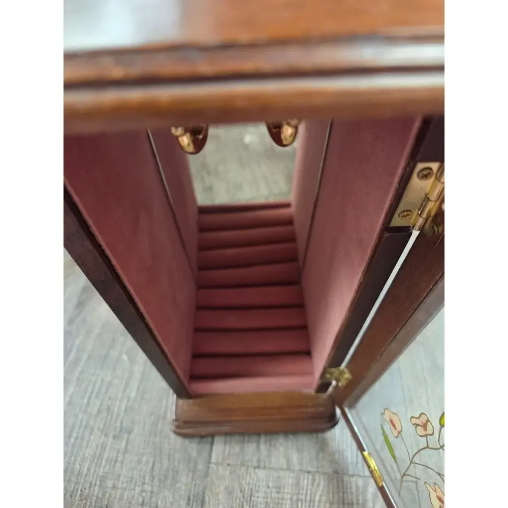 Farrington Vintage Wooden Glass Front Velour Lined Mirrored Jewelry Box Holder